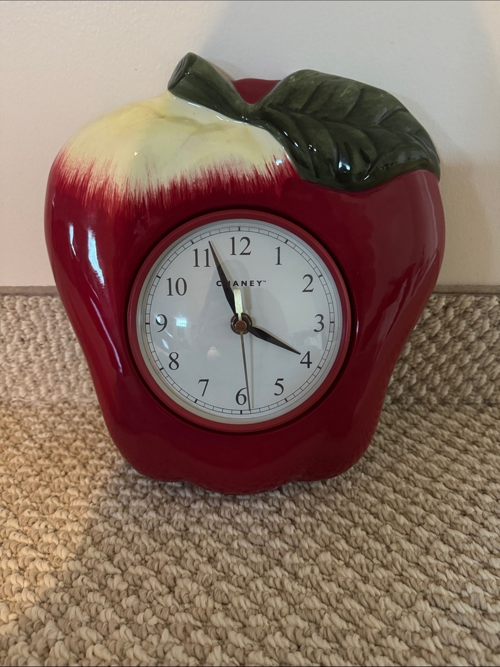 Ceramic Apple Wall Clock in Red with Green Leaf by